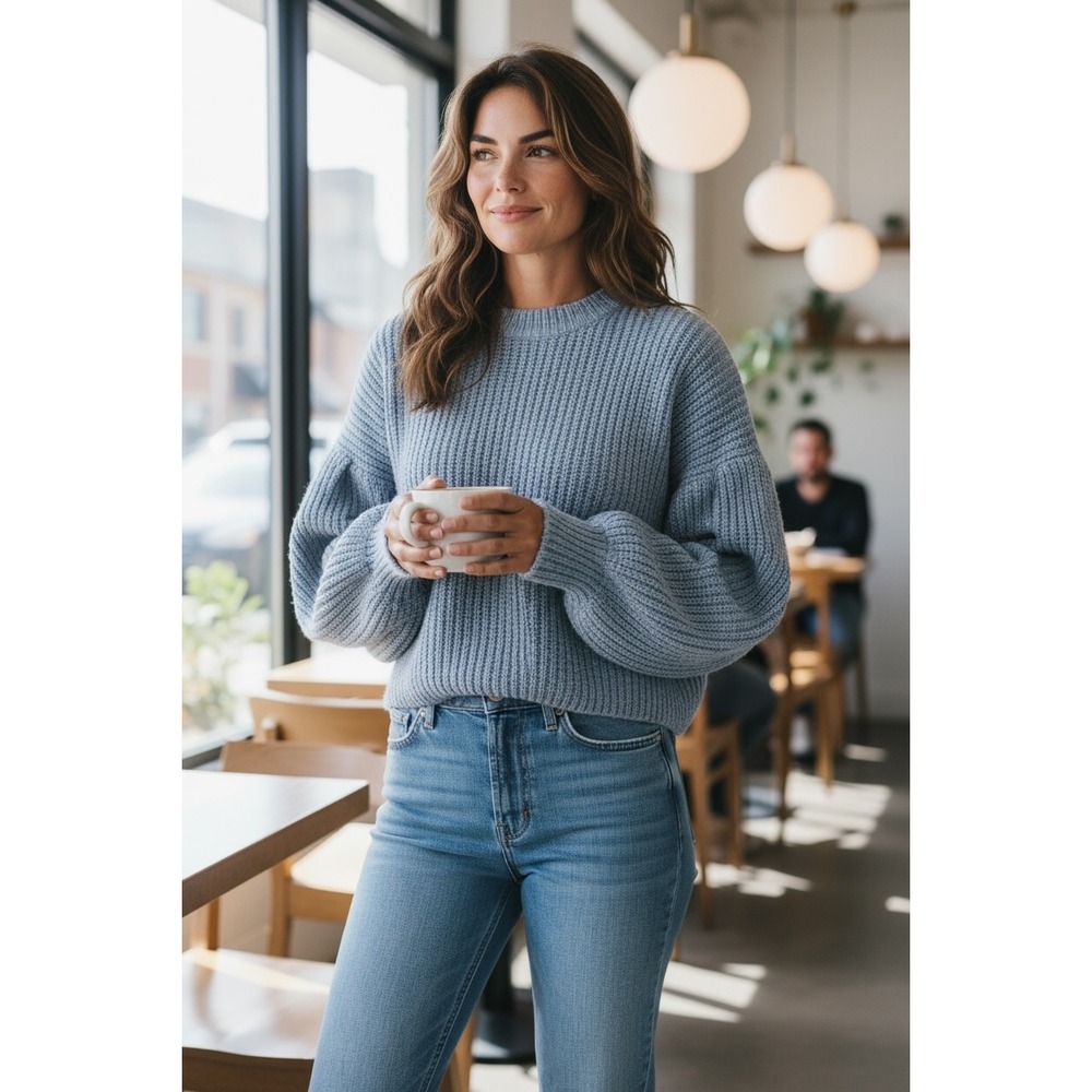 Zara Light Blue Ribbed Balloon Sleeve Cropped Sweater Knit Women Size Medium